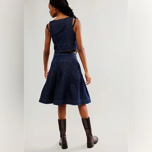 NWOT Free People Scout Denim Vest and Skirt Set in Teal Flower - Picture 6 of 14